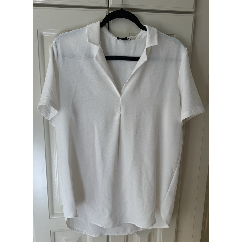 Women's Hilary Radley White Short Sleeve Blouse V Neck‎ Size Medium EUC